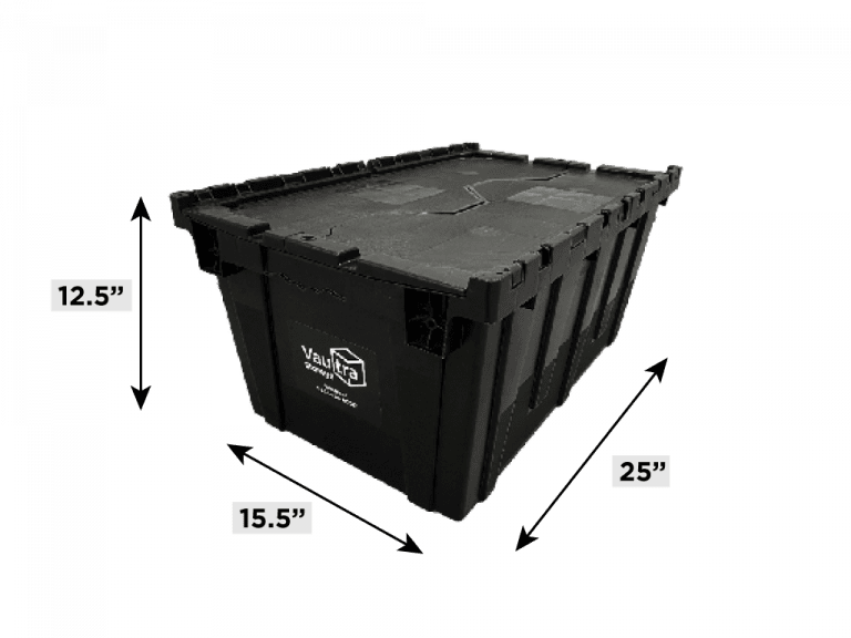 Vaultra Storage City Box — durable black plastic moving bin with built-in interlocking lid, 25" L × 15.5" W × 12.5" D, available for rental at our Markham location