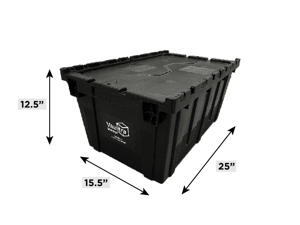 Vaultra Storage City Box — durable black plastic moving bin with built-in interlocking lid, 25" L × 15.5" W × 12.5" D, available for rental at our Markham location