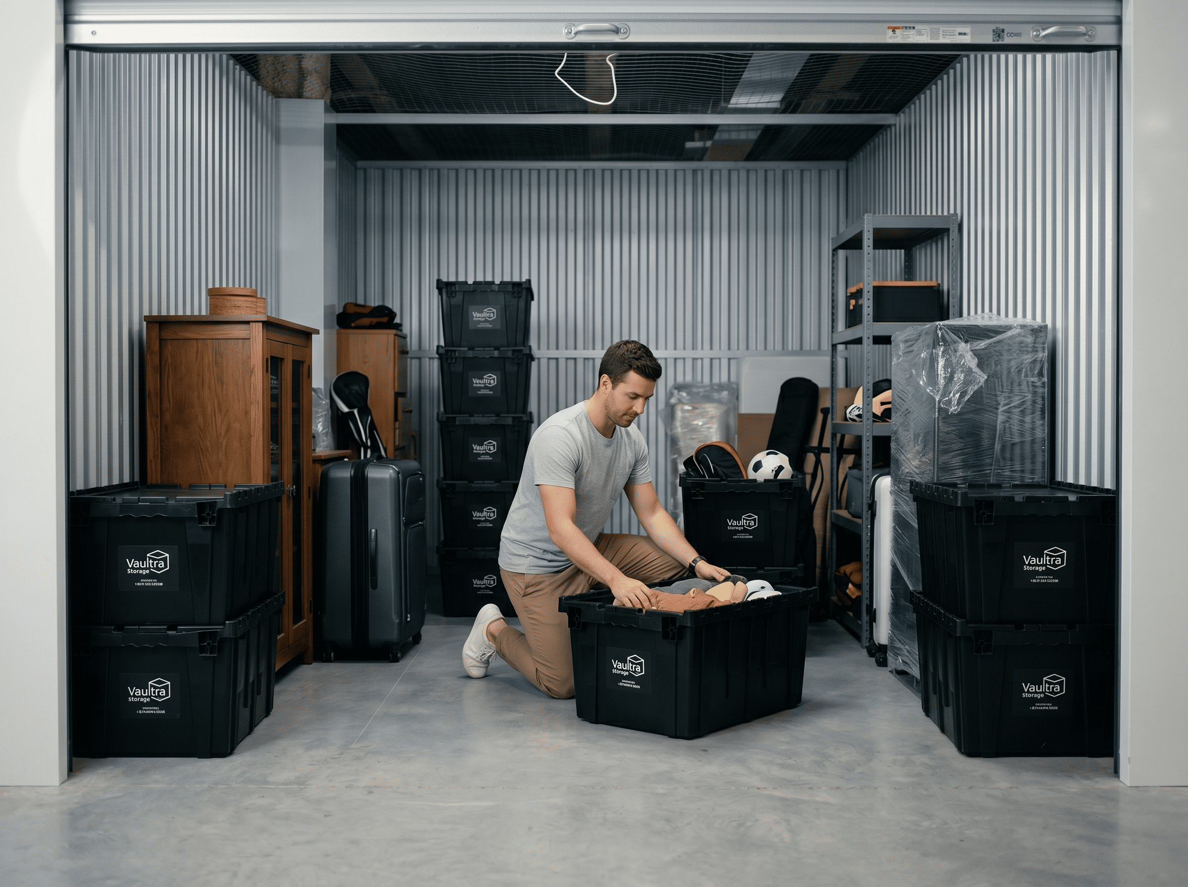 A man packing folded clothes into Vaultra Storage Bins inside a self-storage unit, surrounded by stacked bins, furniture, luggage, and a bicycle