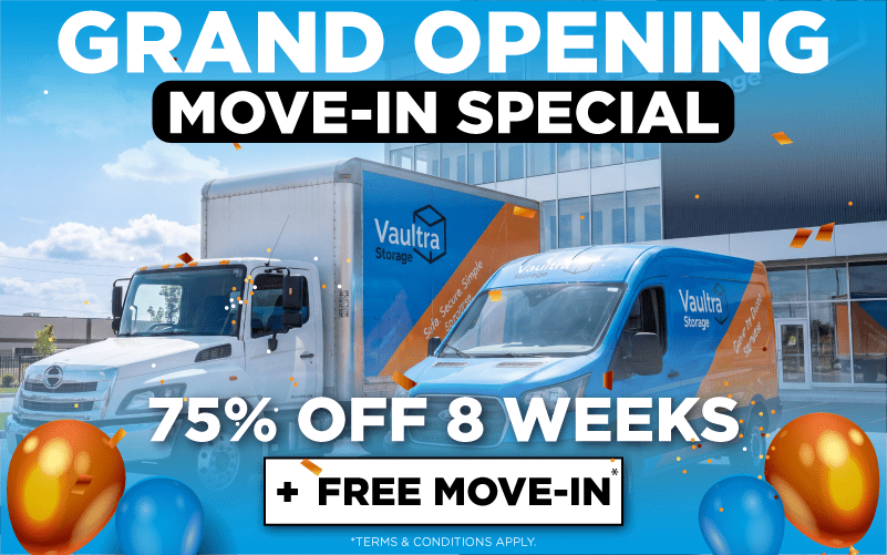 Get 75% off 8 weeks + a free move in when you reserve a unit at Vaultra Storage Humber & Runnymede