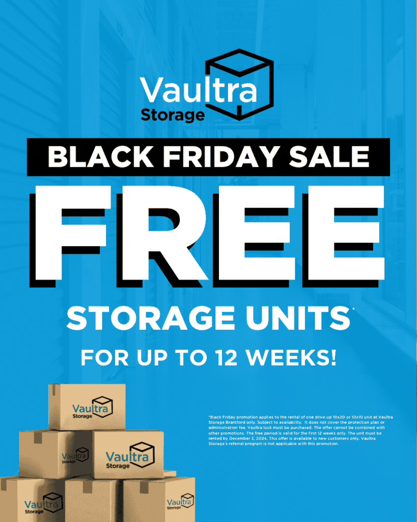 Enjoy 12 weeks of free storage with a drive-up unit booking at Vaultra Storage Brantford. Offer ends December 3rd.