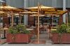 Cozy restaurant patio with elegant wooden tables and chairs, shaded by large umbrellas. The space is adorned with potted plants, adding a touch of greenery. Soft, warm lighting enhances the inviting atmosphere, perfect for outdoor dining