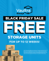 Promotional graphic showcasing Vaultra Storage Markham's Black Friday deal, featuring exclusive discounts on storage units, eye-catching bold text, and a sleek design to grab attention.