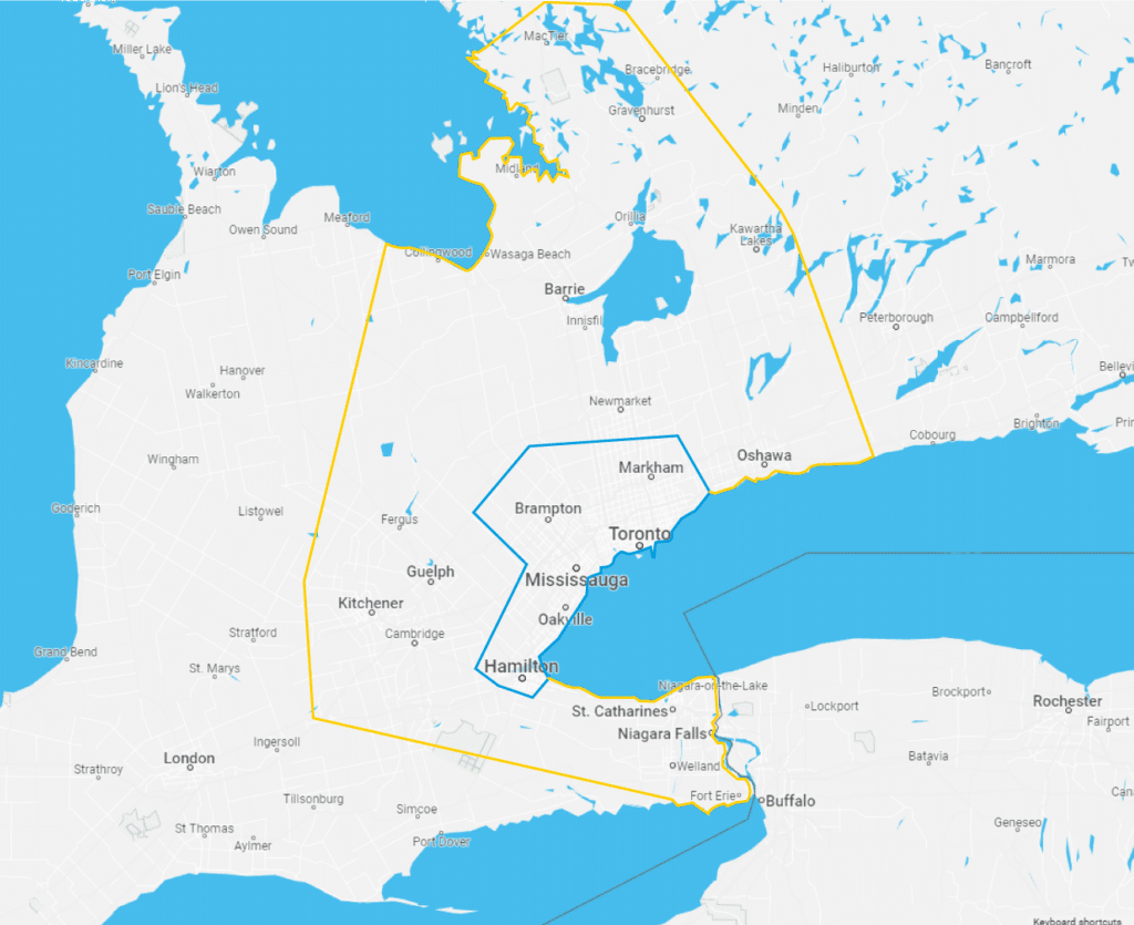 Map showing coverage area for Vaultra Storage's moving service, with pickup and storage options available at our facility